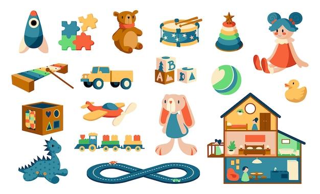 Cartoon speelgoed Baby's objecten voor het spelen van games Educatieve puzzels en puzzels voor kinderen Pluche dieren of schattig poppenhuis Muziekinstrumenten voor kinderen Vector kleurrijk speelgoed set