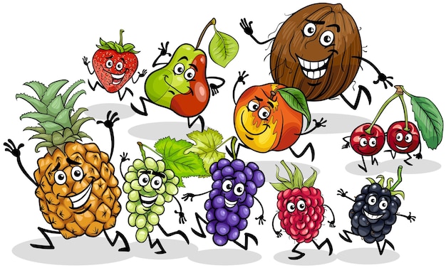 Cartoon speelse fruit stripfiguren groep