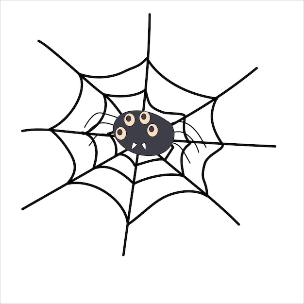 Cartoon spider with many eyes on cobweb