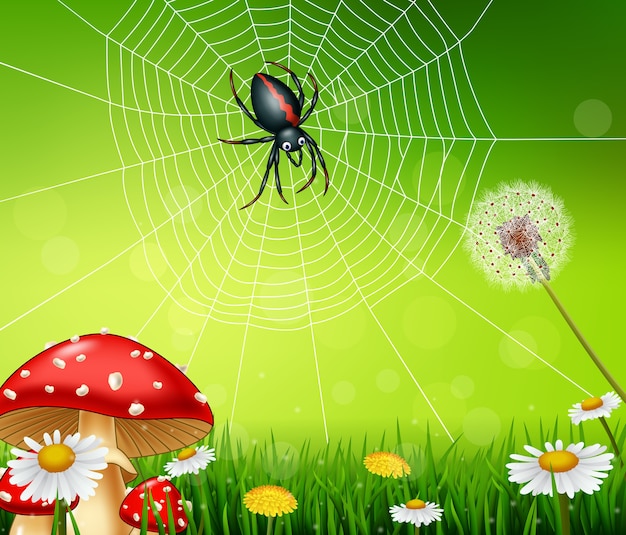 Vector cartoon spider with nature background