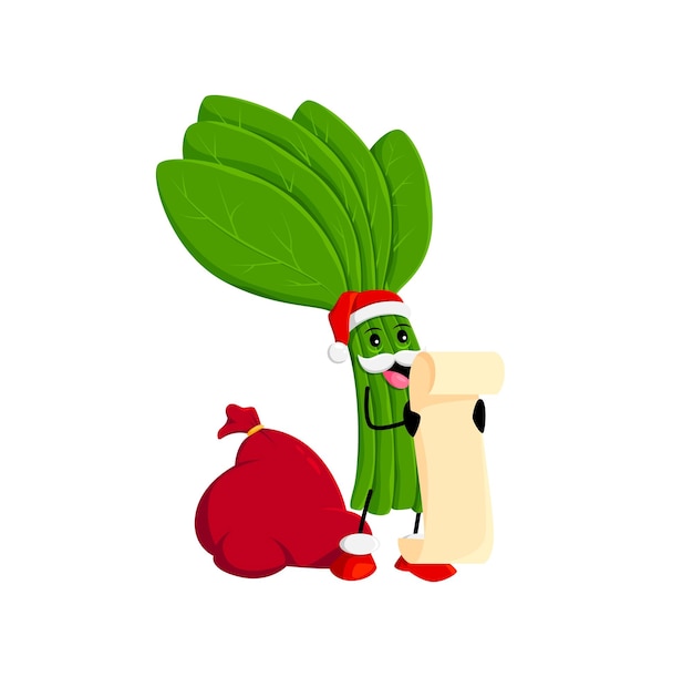 Vector cartoon spinach vegetable character with gifts bag isolated vector christmas holiday santa claus green personage reading scroll with the wishes near the sack with presents comic noel or nicholas