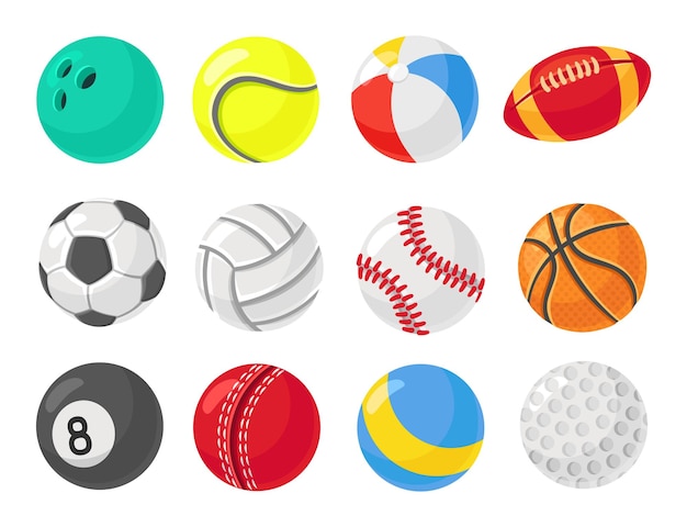 Cartoon sportbal Flat verschillende ballen sportuitrusting Tennis handbal voetbal en basketbal tools Geïsoleerde training nette vector iconen