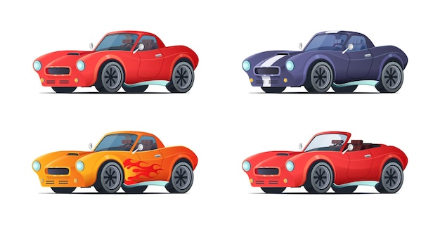 Cartoon sportcar design in modern style. Muscle car different variations. Vector illustration.