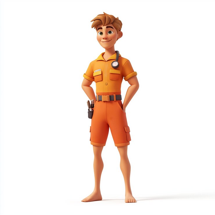 Vector cartoon sportsman with stethoscope in orange uniform