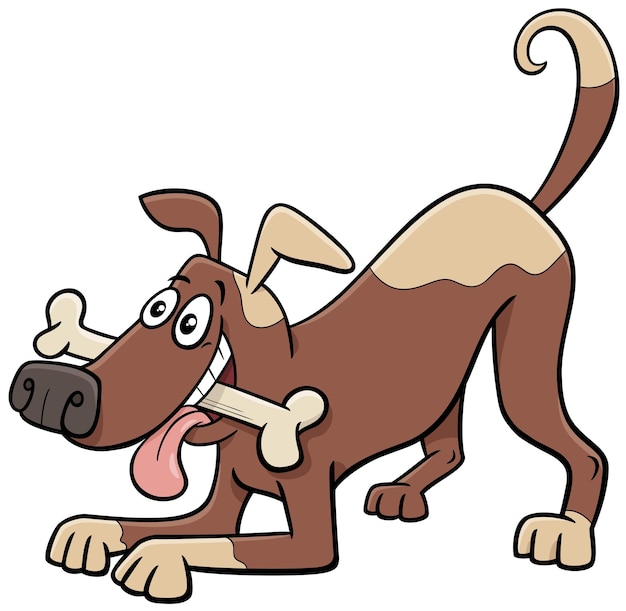 Cartoon spotted playful dog character with dog bone