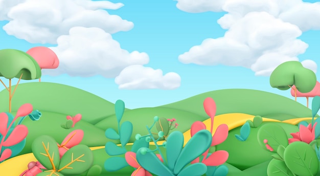 Vector cartoon spring landscape 3d background