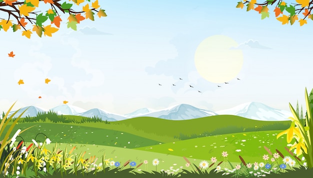 Cartoon spring landscape with mountain, blue sky and cloud