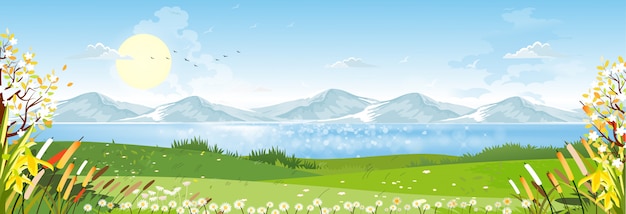 Paesaggio della primavera del fumetto con la montagna, il cielo blu e la nuvola