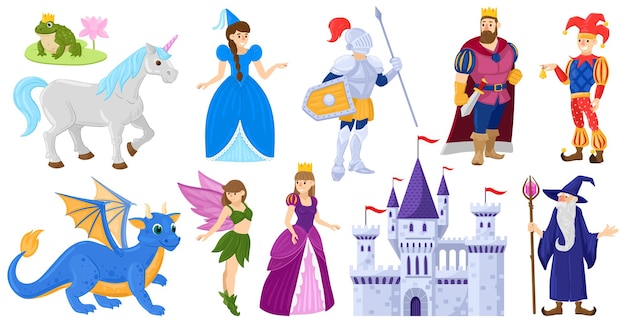 Cartoon sprookje middeleeuwse magische wereld tekens. fantasie sprookje prinses, eenhoorn, ridder, tovenaar, draak vector illustratie set. sprookjes magische wereldhelden