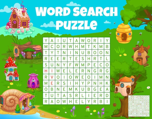 Cartoon sprookjeshuizen woord zoeken puzzelspel