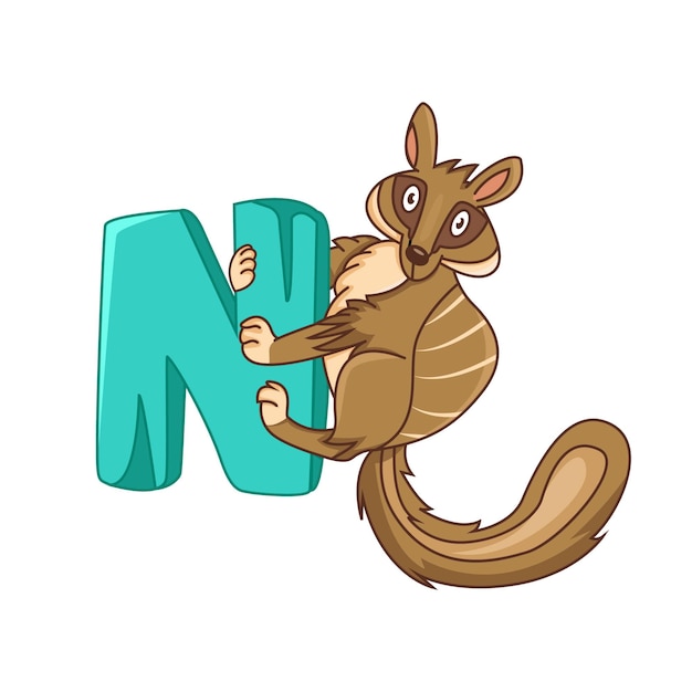 A cartoon squirrel holding a large letter n.