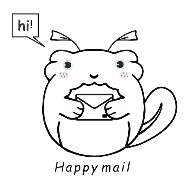 A cartoon of a squirrel holding a phone with the words happy mail on it