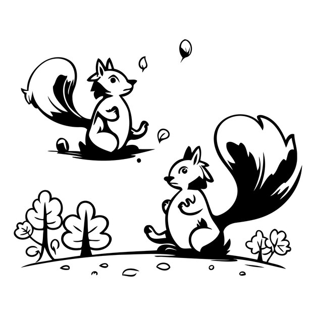 Vector cartoon squirrels in the forest vector illustration on white background