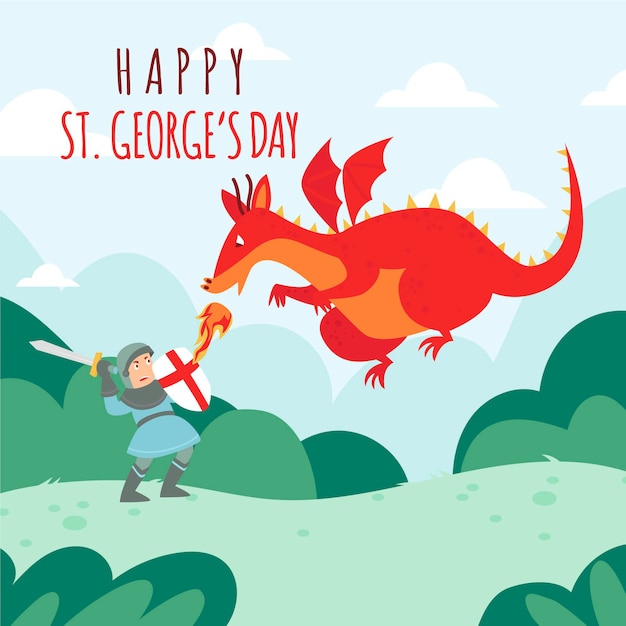 Vettore cartoon st. illustrazione del giorno di george con drago e cavaliere che combattono