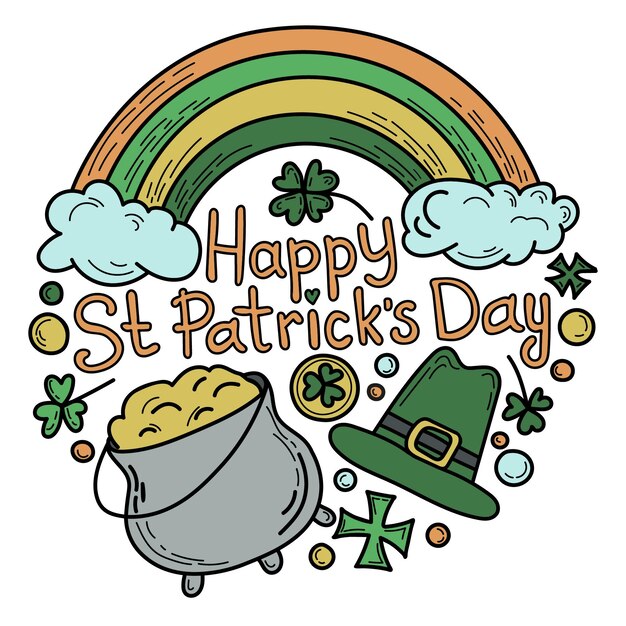 Vettore poster di st. patrick's day a cartone animato carta di auguri rotonda in stile vintage illustrazione vettoriale doodle