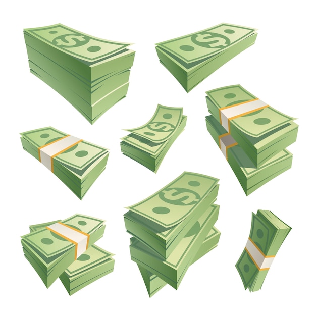 Vector cartoon stack banknotes stacks cash green money dollar bills stacking dollar banknote pile cashs paper currency heap 100 payment note pack isolated recent vector illustration