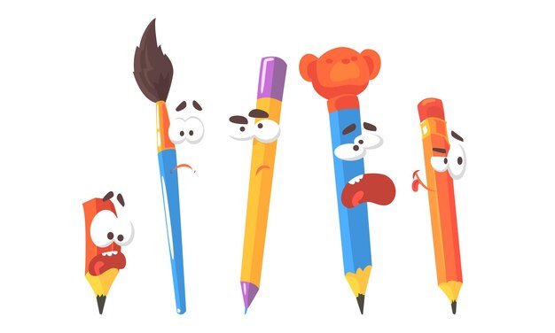 Cartoon stationery with emotions Set of vector illustrations