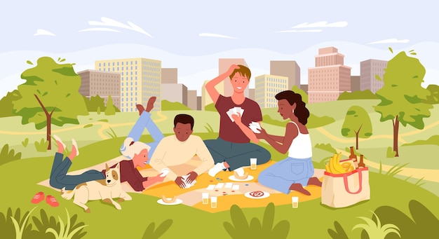 Cartoon stedelijke stadsgezicht met karakters speelkaartspel drankjes drinken en eten van picknick tas samen vrienden mensen op picknick partij in zomer stadspark landschap vectorillustratie