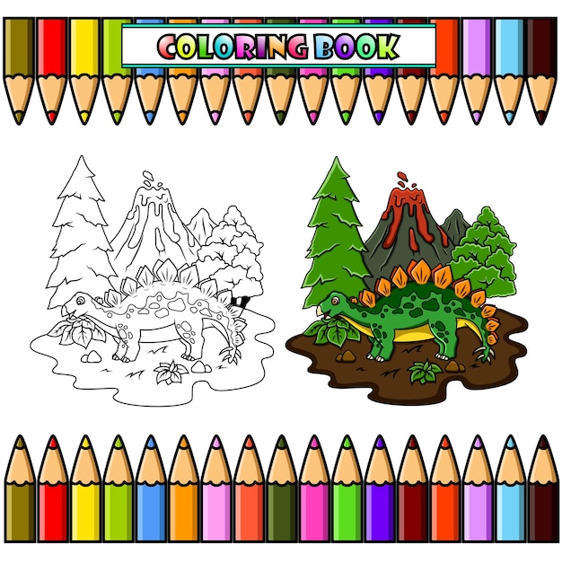 Cartoon stegosaurus in the jungle for coloring book