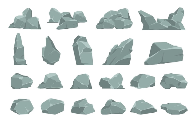 Cartoon stenen zware grijze kei ruw massief natuurlijk materiaal enkele of composities van kasseien puin of tuindecoratie geologisch onderzoek vector stukken van bergen set