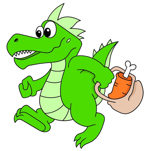 Cartoon sticker of an alligator walking home from shopping for meat, character cute doodle draw. vector illustration