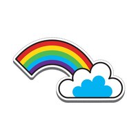 Cartoon sticker of multicolored rainbow and clouds with shadow isolated on a white background