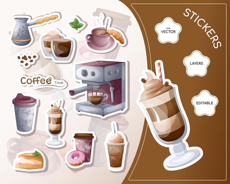 Вектор набор мультяшных наклеек с иллюстрацией coffee time