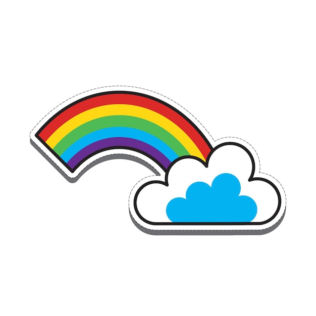 Cartoon sticker van veelkleurige regenboog en wolken met schaduw geïsoleerd op een witte achtergrond