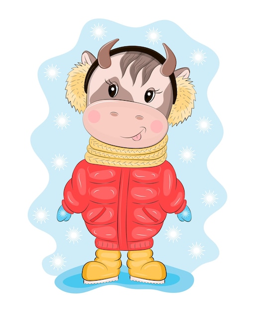 Cartoon stier vector nieuwjaarsuitnodiging schattige babykoe draagt een rode jas