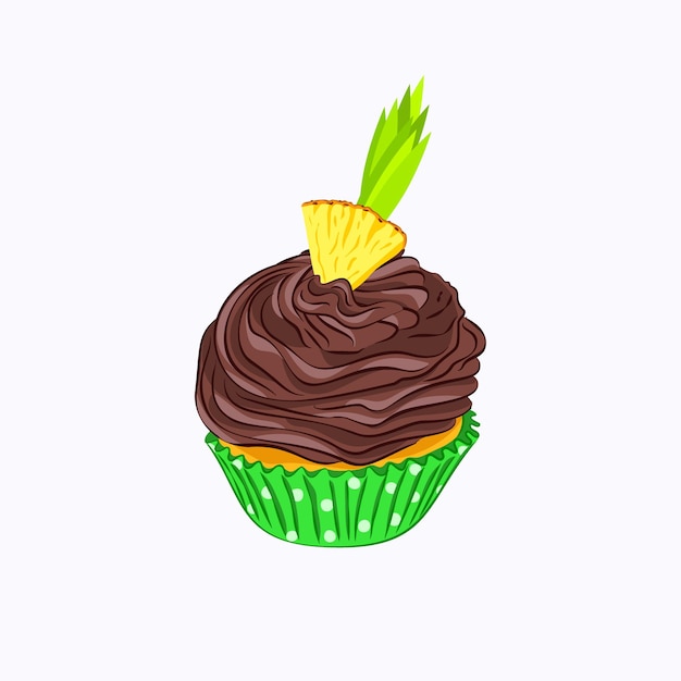 Cartoon stijl cupcake met slagroom chocolade crème ganache en ananas in het groen papier houder vector pictogram geïsoleerd op de witte achtergrond