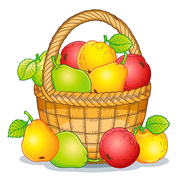 Cartoon stijl illustratie. oogst van rijpe appels en peren in een mand. thanksgiving day.