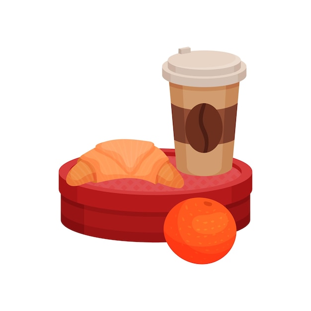 Cartoon stijl illustratie van schoollunch Verse croissants en plastic kopje koffie op rode container en sappige sinaasappel Eten en drinken thema Kleurrijke platte vector design geïsoleerd op witte achtergrond