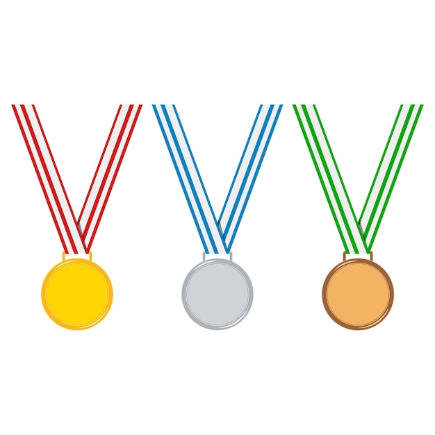 Cartoon stijl kampioen medaille set geïsoleerd op een witte achtergrond gouden, zilveren, bronzen medaille met gestript rood, blauw, groen lint.