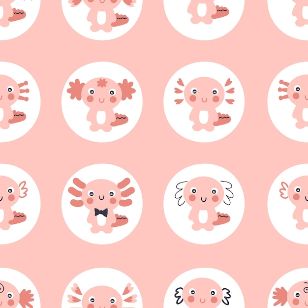 Cartoon stijl naadloze patroon met axolotls in ronde vormen Perfect voor Tshirt textiel en prints Hand getekende vectorillustratie voor decor en design