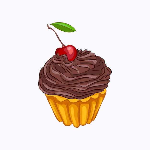 Cartoon stijl vanille cupcake met chocolade crème en kersen vector pictogram.