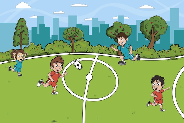 Cartoon stijl vectorillustratie van verschillende kinderen die een voetbalwedstrijd spelen op een buitenveld