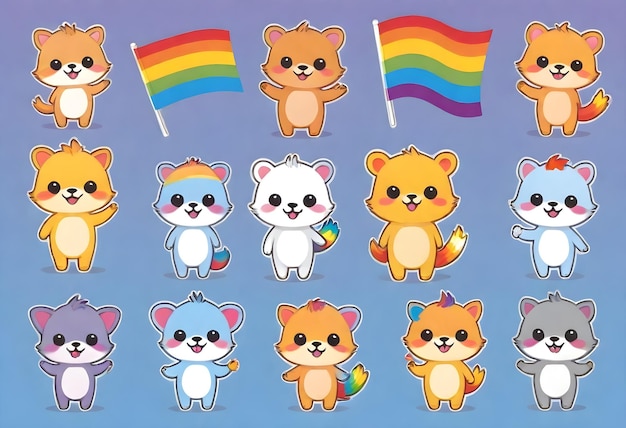 Vettore un'immagine di stickers di cartoni animati di animali diversi con arcobaleni