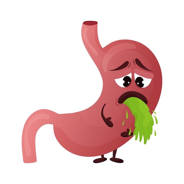 Cartoon stomach character Concept diseased internal organ vomiting and nausea Vector illustration