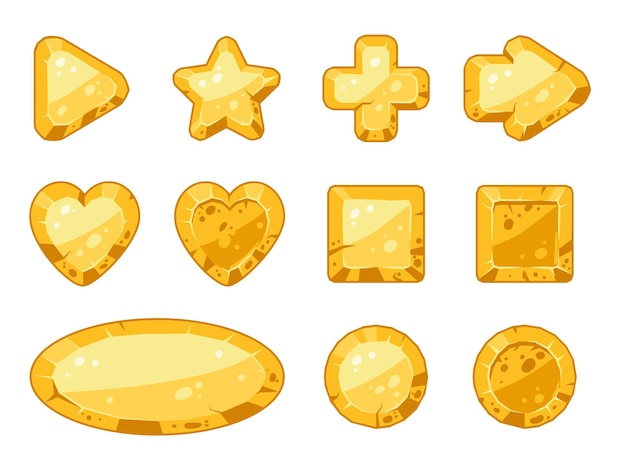 Cartoon stone gold game app buttons frames and arrows flat vector symbols illustration set