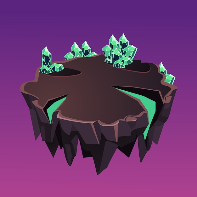 Мультяшный каменный изометрический остров с кристаллами для игры, векторная иллюстрация