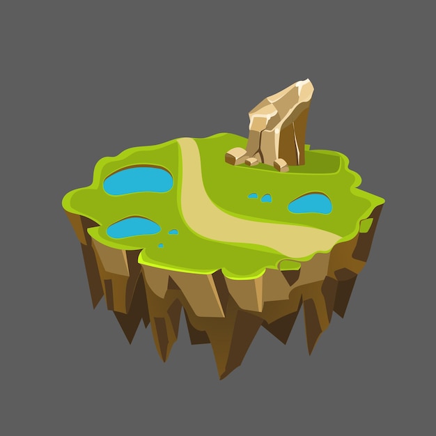 Cartoon Stone Isometric Island with Waterfall and Cliff for Game, Vector Illustration