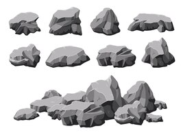 벡터 만화 돌 깨진 바위 돌 더미 3d 디자인 격리 된 바위 볼 더 또는 회색 산 잔해 자갈 그룹 자연 화강암 최근 벡터 세트