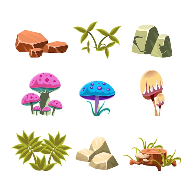 Vector cartoon stones, mushrooms and bushes set vector illustration