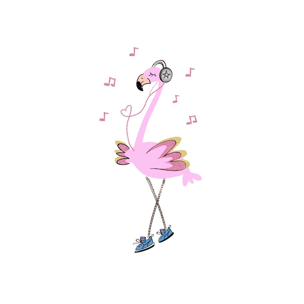 Cartoon Stork bird listening music vector illustration isolated on white Background