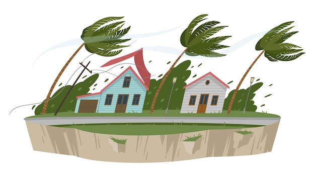 Cartoon storm wind natural disaster Superstorm catastrophe suburban house damage gale cataclysm flat vector illustration on white background