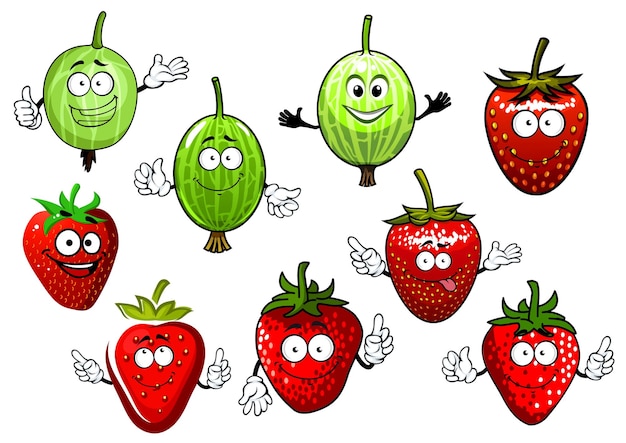 Cartoon strawberry and gooseberry fruits