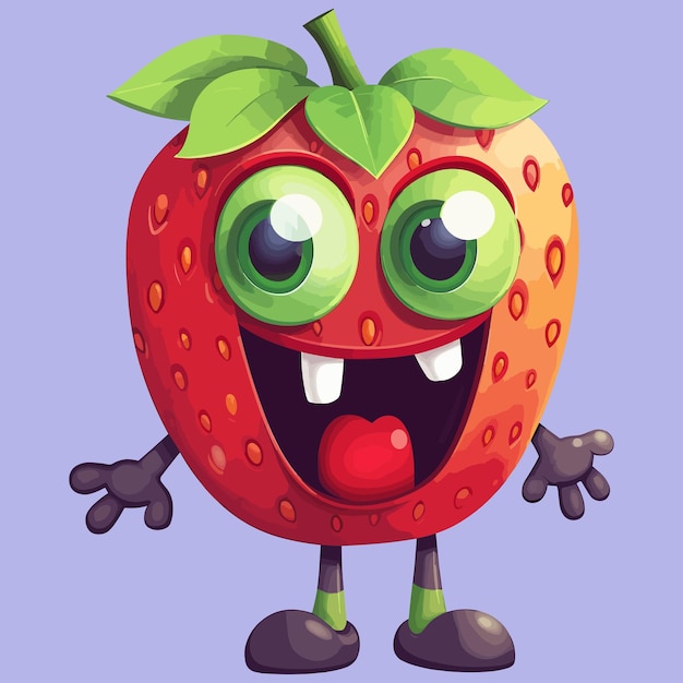 A cartoon strawberry with green eyes and a green leaf on its mouth.