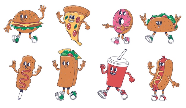 Вектор Маскоты уличной еды мультфильмов персонаж бургера кусочек пиццы пончик и тако