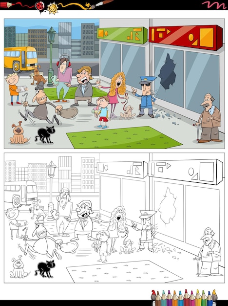 Cartoon street situation with people coloring page