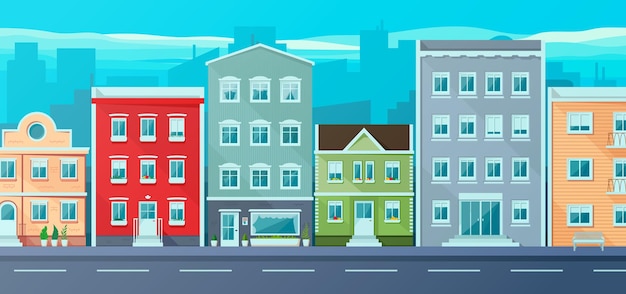 Vector cartoon street with classic houses on the background of the city